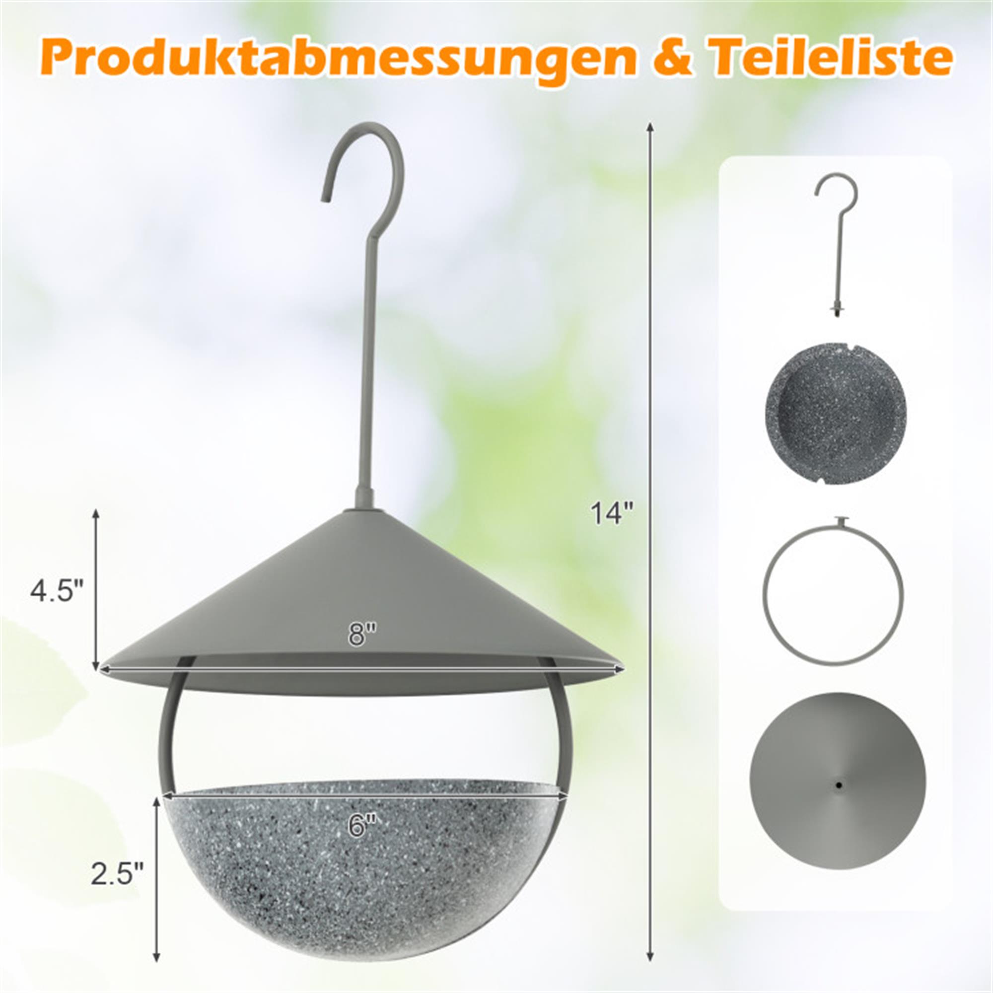 Kadyn 14" Metal Hanging Bird Feeder and Bath with Weatherproof Dome, Wild Bird Feeder for Outdoors, Gray