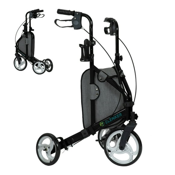Elenker 3 Wheel Walker for Seniors, Foldable Rollator Walker with 10" Wheel, Height Adjustable, Black