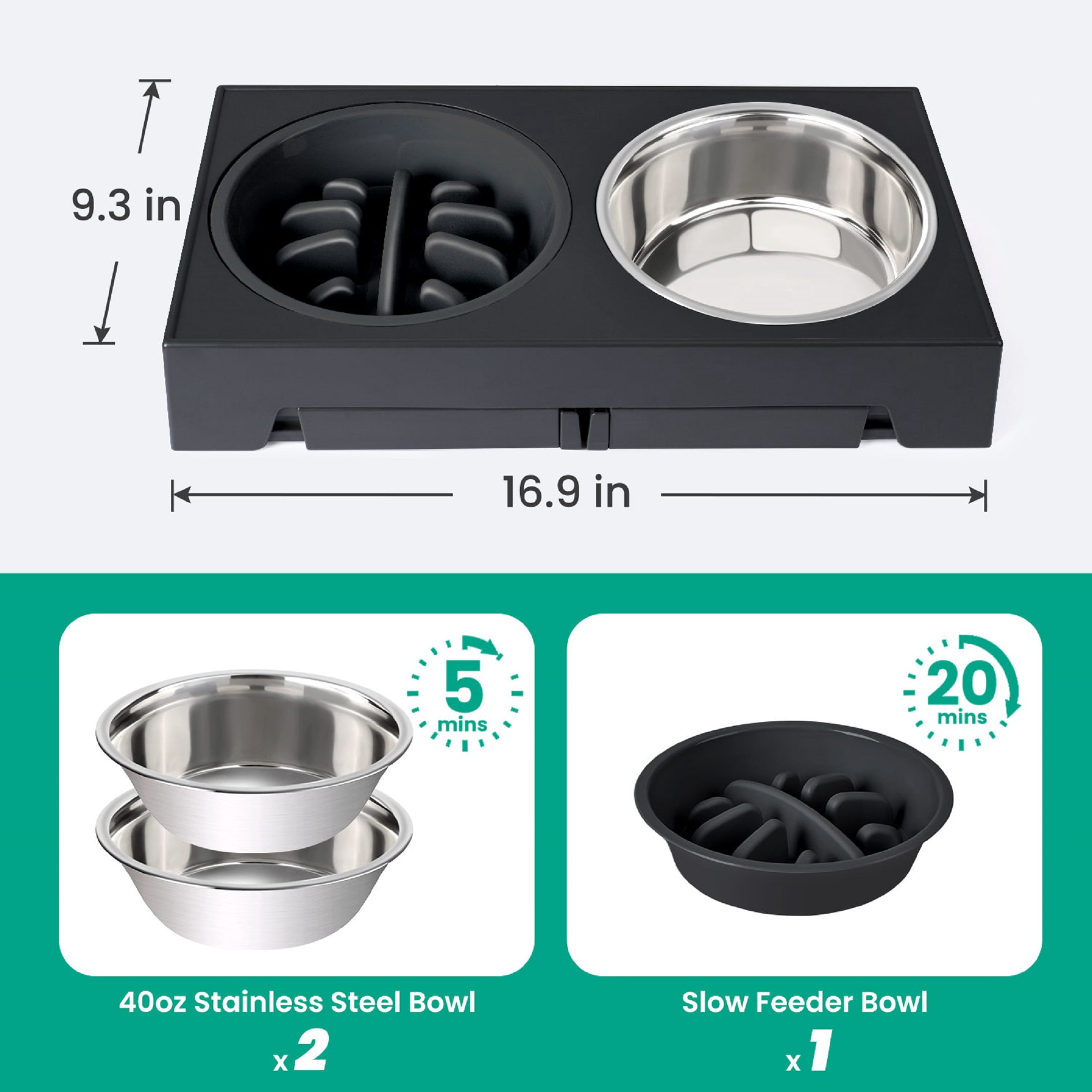 Heeyoo Adjustable Height Plastic Elevated Bowl with 2 Stainless Steel Dog Bowls for Dogs, Black