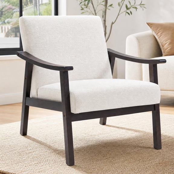 PAPROOS Accent Chair for Living Room, Mid-Century Modern Upholstered Reading Armchair with Solid Wood Arms, Comfy Bedroom Lounge Chair, White