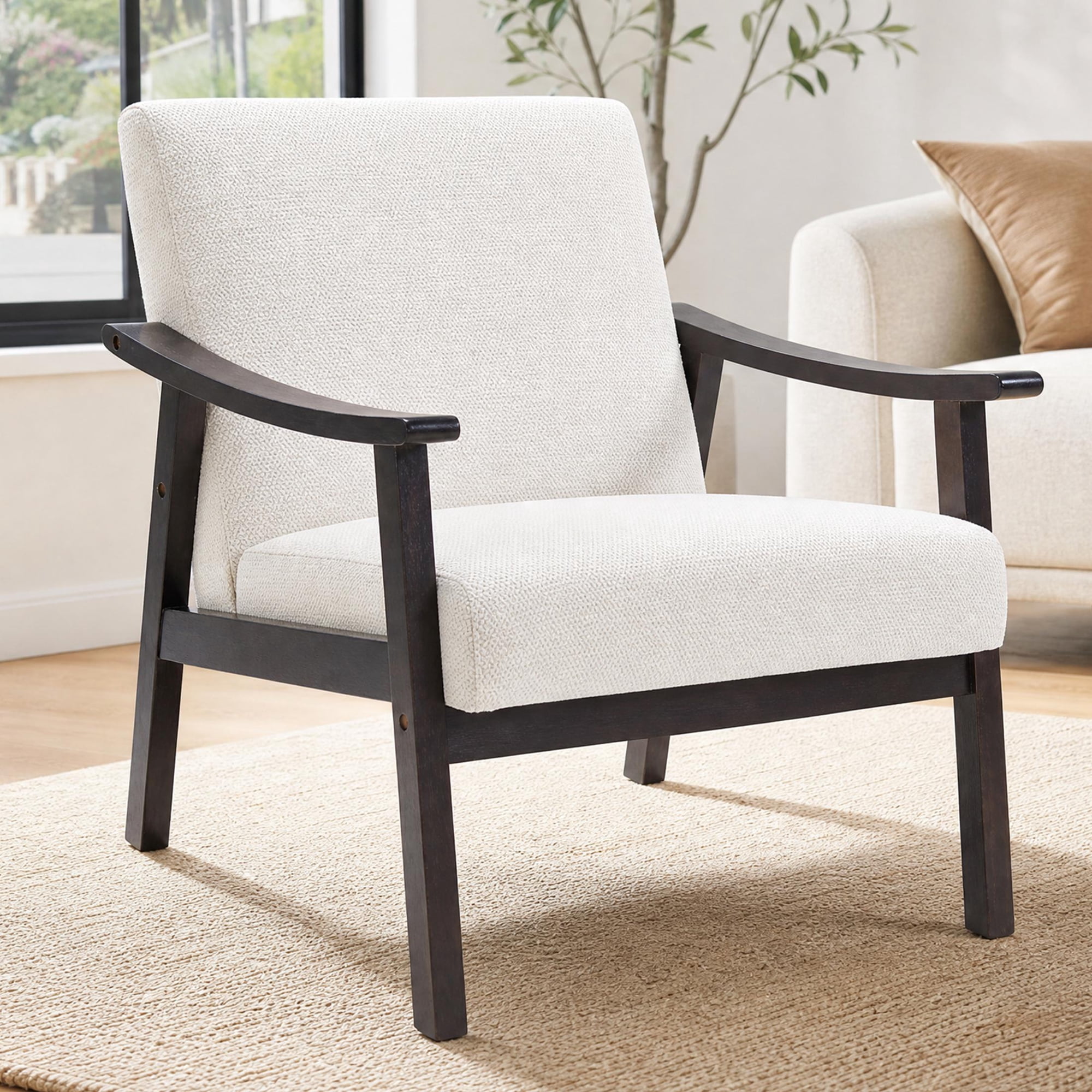 PAPROOS Accent Chair for Living Room, Mid-Century Modern Upholstered Reading Armchair with Solid Wood Arms, Comfy Bedroom Lounge Chair, White