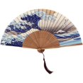 thumbnail image 1 of Abanico plegable de seda de bambú con paisaje hecho a mano japonés, estilo retro vintage para mujeres y niñas, 1 of 3
