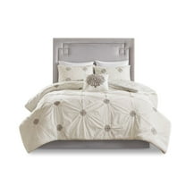 Gracie Mills Reversible Cotton Duvet Cover Set Ivory Grey Embroidered 4-Piece GRACE-12207
