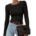 thumbnail image 3 of Camisas de Larga para Mujer, Corte Entallado, Cuello Redondo, Ropa de Otoño, Costuras Expuestas, Blusas Básicas Acanaladas. Negro M, 3 of 7
