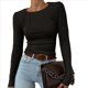 thumbnail image 3 of Camisas de Larga para Mujer, Corte Entallado, Cuello Redondo, Ropa de Otoño, Costuras Expuestas, Blusas Básicas Acanaladas. Negro XS, 3 of 7
