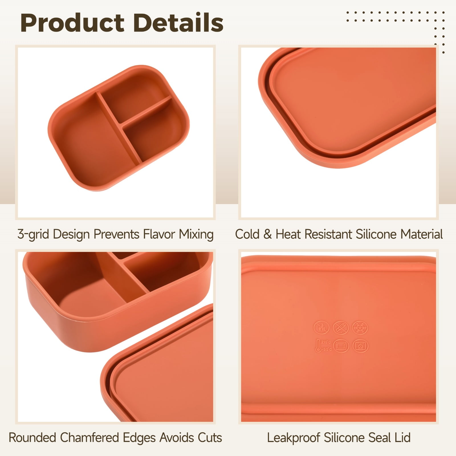 4 Pcs Silicone Bento Boxes, 3 Compartment Lunch Container, Leakproof, Microwave/Dishwasher/Freezer Safe, 7.2 x 5.3 x 2.4 in, Ideal for Office,and On-the-Go