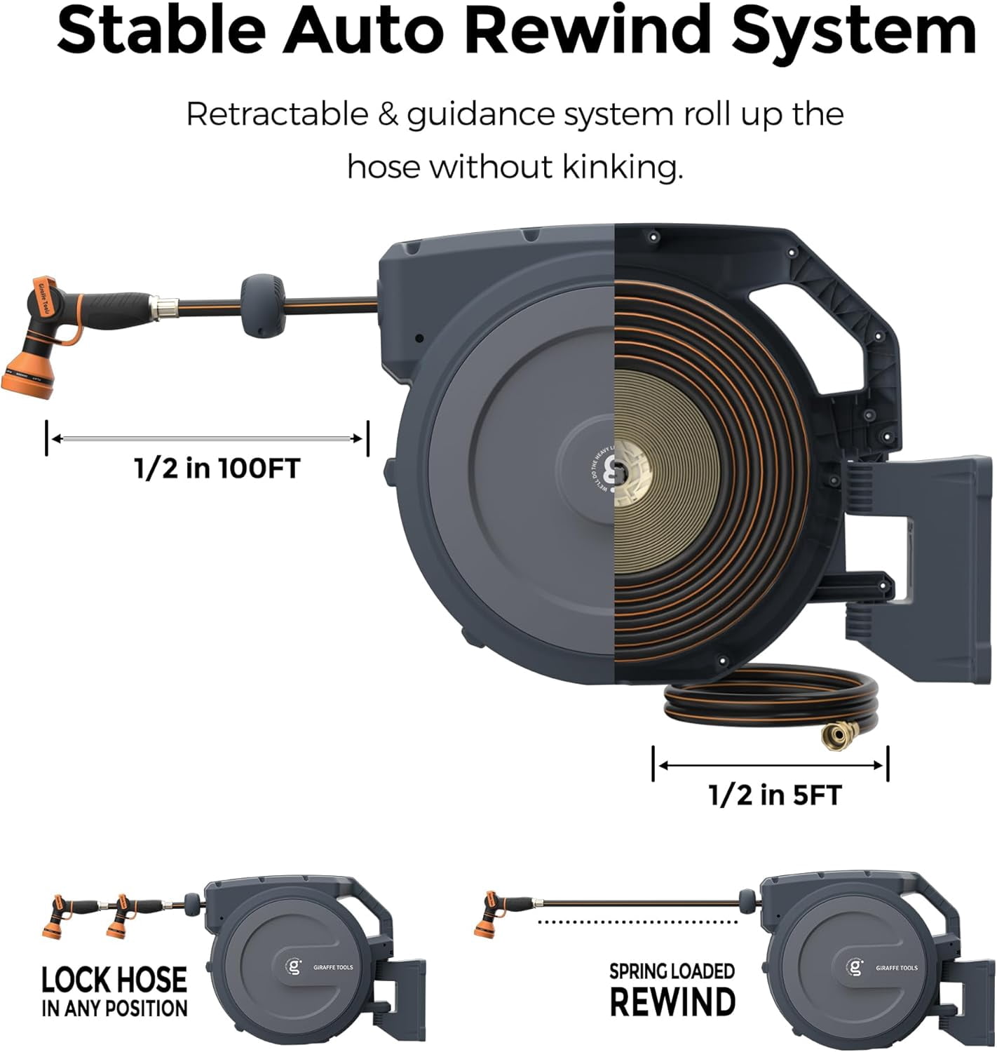 Giraffe Tools Retractable Garden Hose Reel with 1/2in-100ft Hose, Metal Bracket