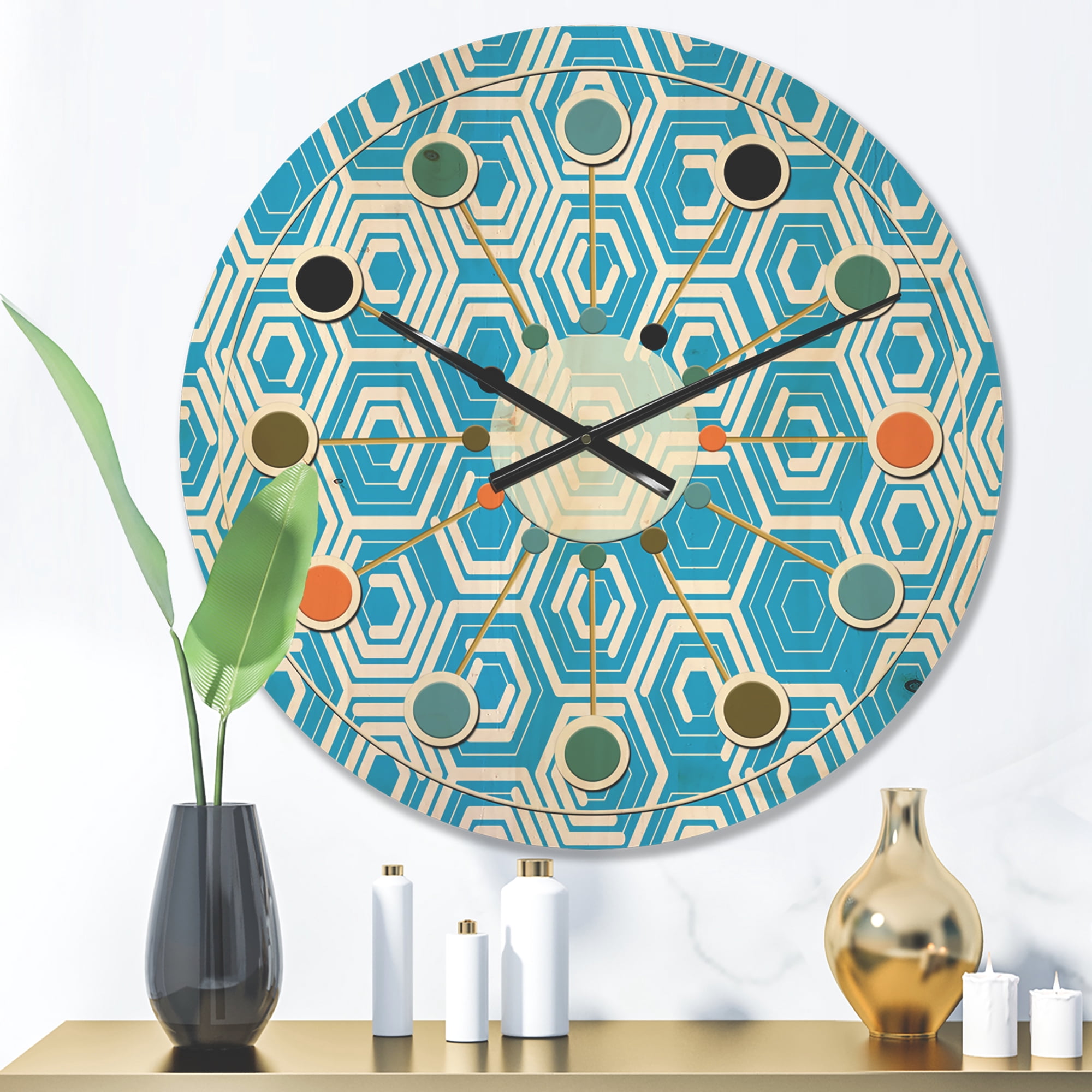 Designart 'Hexagon Retro Pattern IV' Mid-Century Modern Wood Wall Clock