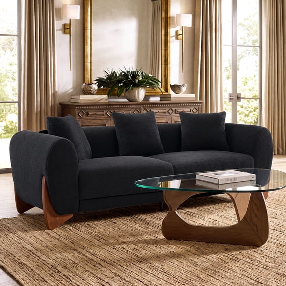 Morden Fort 87" Cloud Couch, 3 Seater Boucle Sofa with Wood Legs, Upholstered Cushion with 3 Matching Pillows, Comfy Couch Sofa for Living Room, Black