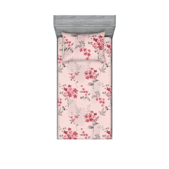Floral Fitted Sheet & Pillow Sham Set, Asian Winter Inspired Digital Drawn Flower Pattern on Roseta Backdrop, Decorative Printed 2 Piece Bedding Decor, Twin, Burgundy and Pastel Pink, by Ambesonne