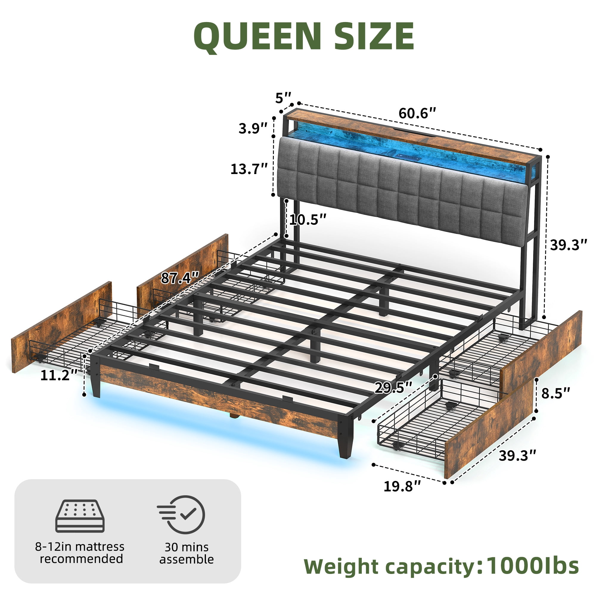 Uforic Queen LED Bed Frame wit 4 Storage Drawers, Upholstered Platform Bed with Charging, Noise-Free, Fast Assembly, Brown