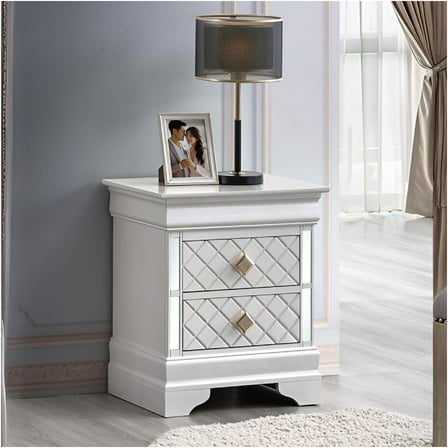 JERFIT White Nightstand with Drawers, Pearl White Bedside Table with Gold Crystal Knobs, Embossed X Design Wood Bedroom Furniture