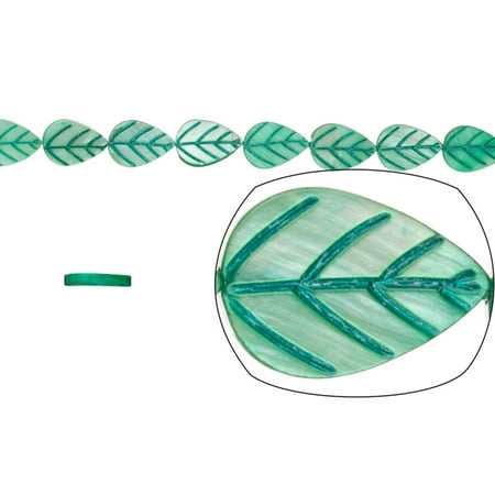 - Shell Bead, Green(Dyed) Mother-Of-Pearl, Teardrop Carved Leaf, 15x10mm 16 Inch
