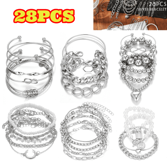 28pcs Bangle Sliver Chain Bracelets for Women, Multiple Layered Heart Arrow Knot Open Cuff Bracelet Set Adjustable
