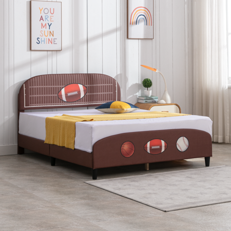 BALUS Twin Upholstered Kids Bed Frame, Football Basketball Baseball Pattern Daybeds, Tuft Headboard and Footboard, Easy Assembly and Sturdy Wood Slats Support, Sport Style