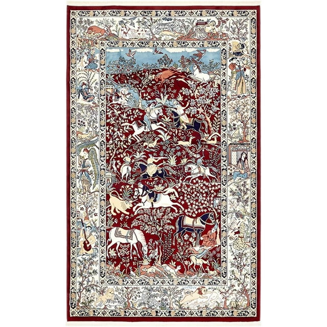 Unique Loom Narenj Hunting Scene Textured Rug 5' x 8' Rectangle Burgundy/Tan