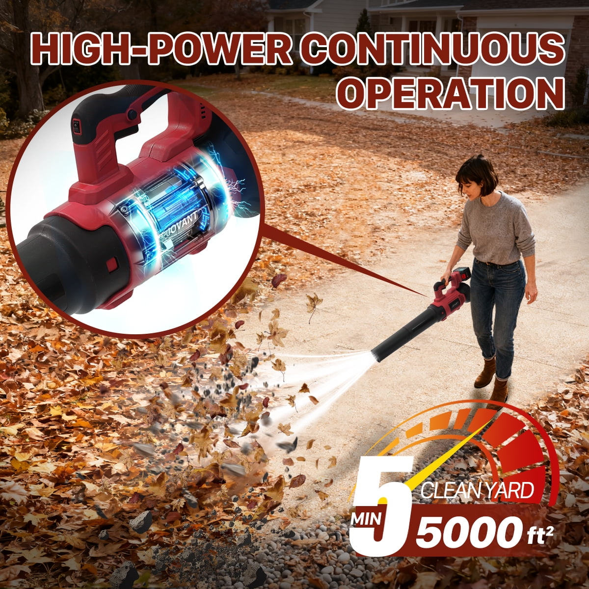 The JOVANT 2-in-1 cordless pole leaf blower extends up to 15.3 feet, with an airflow of 615 CFM and 6 speed settings. It includes two 4.0Ah batteries and a charger. Suitable for clearing leaves, roof