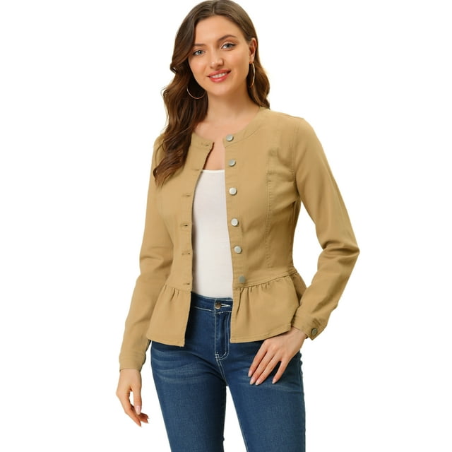INSPIRE CHIC Veste en Denim à Basque pour Femme, Col Rond, Sans Col, Boutonnée