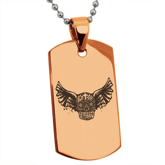 Stainless Steel Day of the Dead Winged Skull Engraved Dog Tag Pendant Necklace