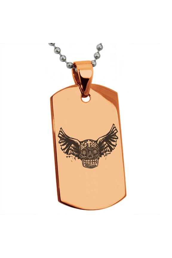 Stainless Steel Day of the Dead Winged Skull Engraved Dog Tag Pendant Necklace