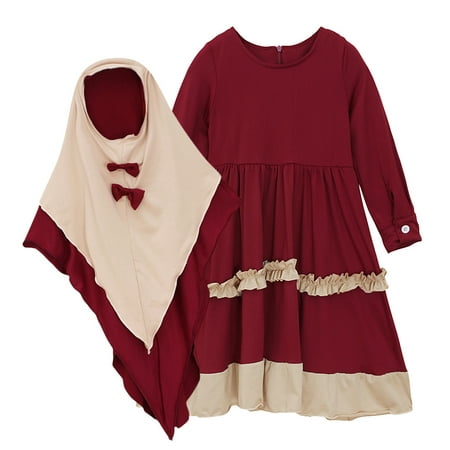 

GWAABD Toddler Girl Clothing Set Red Cotton Blend Toddler Baby Kid Girl Ramadan Abaya Dubai Robe Traditional Clothing Dress 110