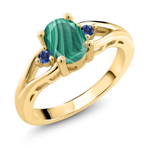 Gem Stone King 18K Yellow Gold Plated Silver Green Malachite and Blue Created Sapphire 3 Stone Engagement Ring for Women | 2.09 Cttw | Oval 8X6MM | Round 2MM | Gemstone Birthstone | Size 8