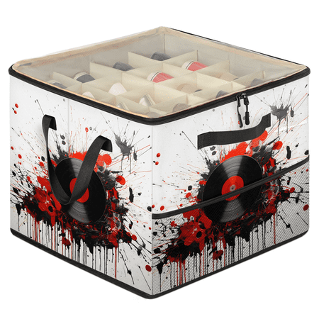Jiaoprinted Vinyl Record Shoe Organizer for Closet Adjustable Divider Shoe Storage Bin with Clear Lid Foldable Stackable Closet Shoe Storage with Side Mesh Pocket Red Paint Splash Music