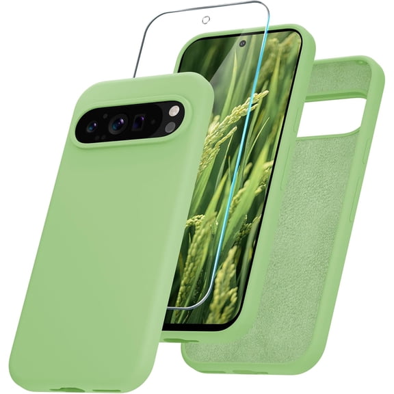 KOMI for Google Pixel 9/9 Pro Case, Silicone Phone Case with 1 Screen Protector, Soft Anti-Scratch Microfiber Lining, Full Body Shockproof Slim Cover Support Wireless Charging, Mint Green