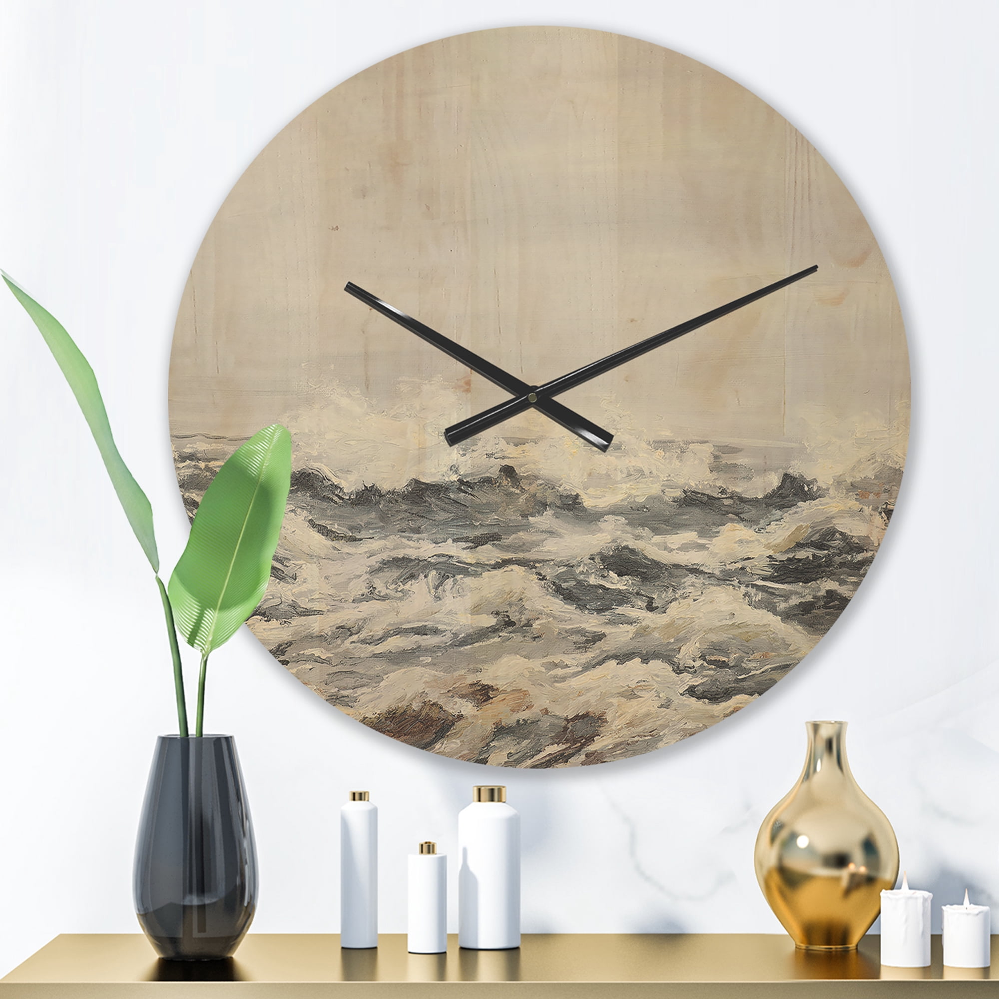 Designart 'Grey Sea Waves' Nautical & Coastal Wood Wall Clock