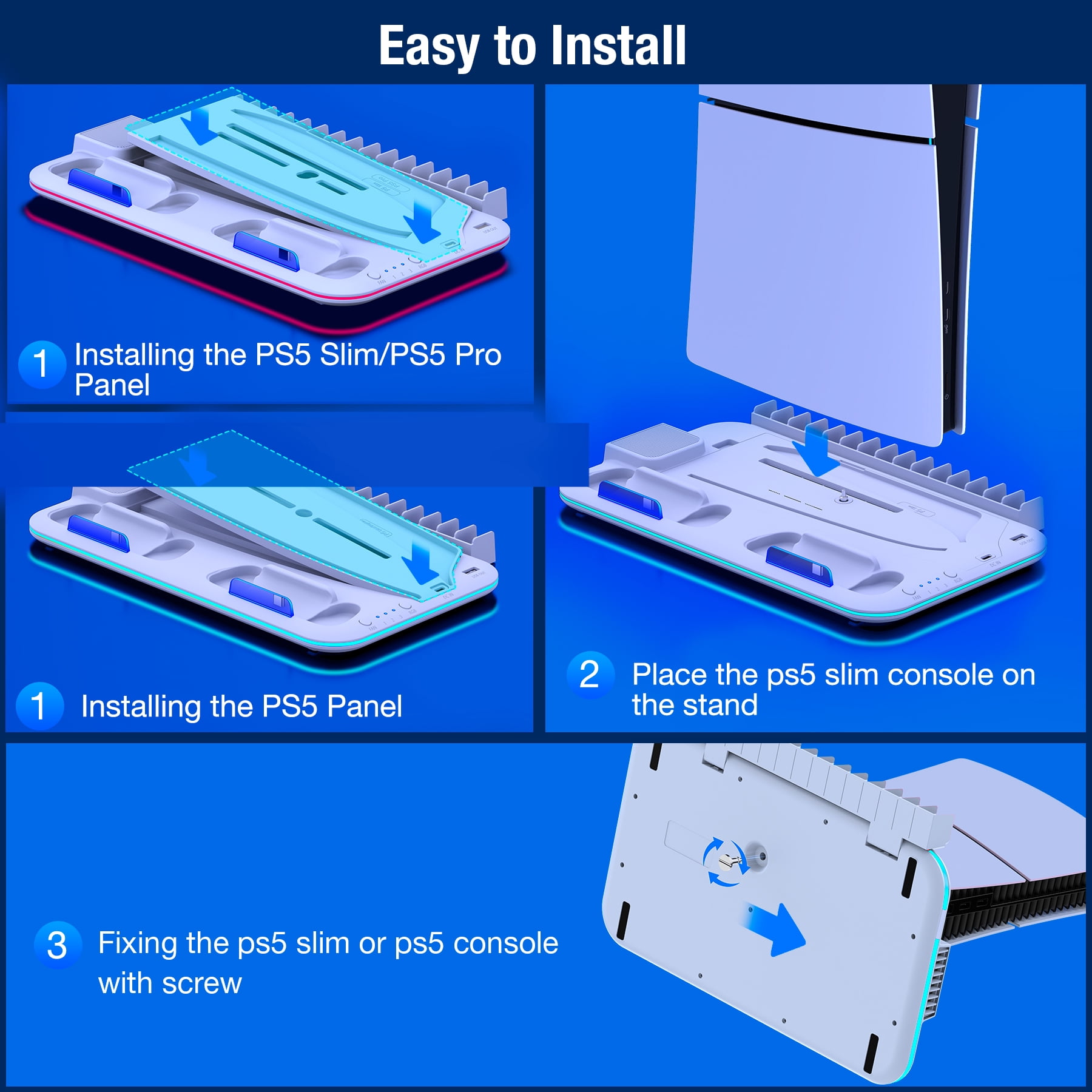 PS5 Stand with Cooling Station for PS5 Slim,QQV Dual Controller Charger for PS5 Digital & PS5 Disc Version,PS5 Accessories with RGB Light & Headset Holder