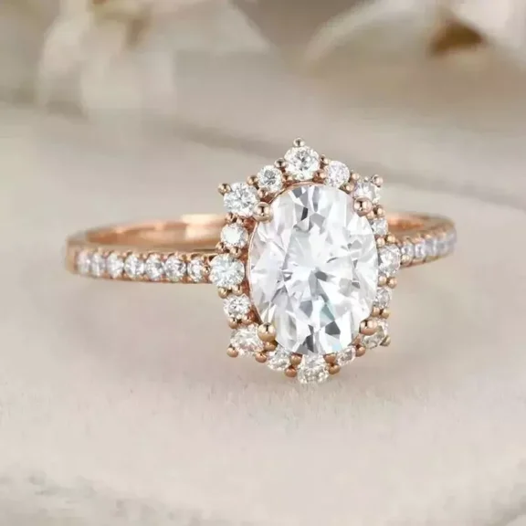 2.00Ct Oval Cut -Simulated Diamond Halo 14K Rose Gold Plated Women's Engagement Ring Silver