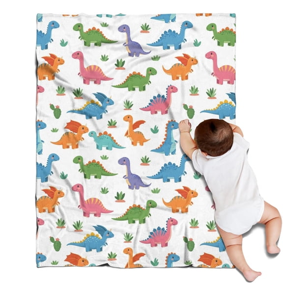 White Cartoon Dinosaurs Cacti Pattern Blanket,Comfortable Soft Flannel Throw Blanket,All Season,Warm Lightweight Blankets for Sofa Bed Couch Living Room Chair,30"x40"