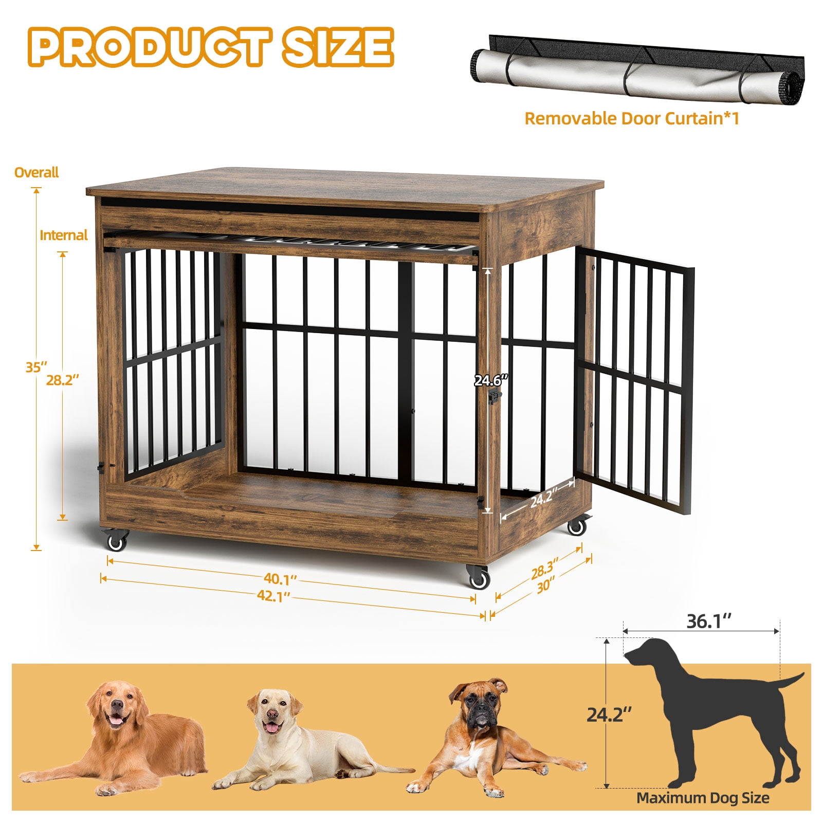 Aukfa 42.1-Inch Large Dog Crate Furniture, Indoor Dog Kennel Decorative Pet Cage End Table, Lift-Up Door, Curtain & Wheels,Rustic Brown