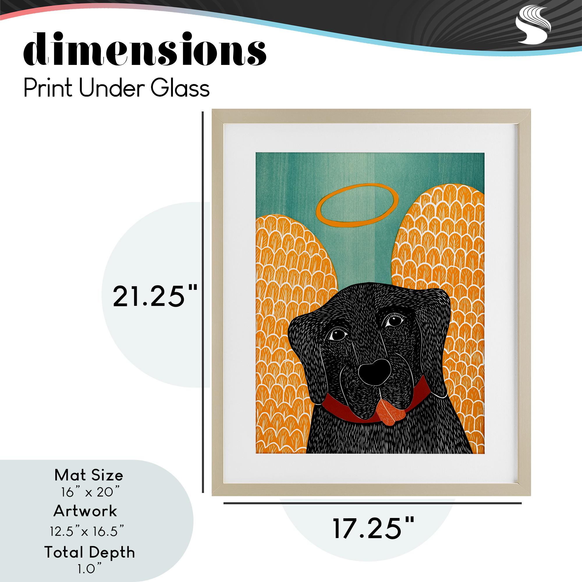 Dog Angel with Yellow Wings Birch Framed Print Under Glass, design by Stephen Huneck