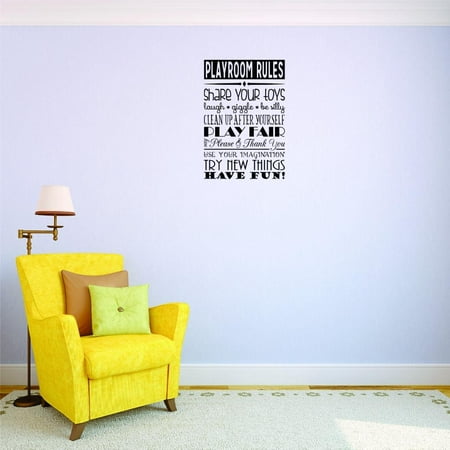 Custom Decals Playroom Clean Play Fair Say Please & Thank You Use Your Imagination Try New Things Have Fun! Wall Art 14x28” Color: (Best Thing To Use To Clean Walls)