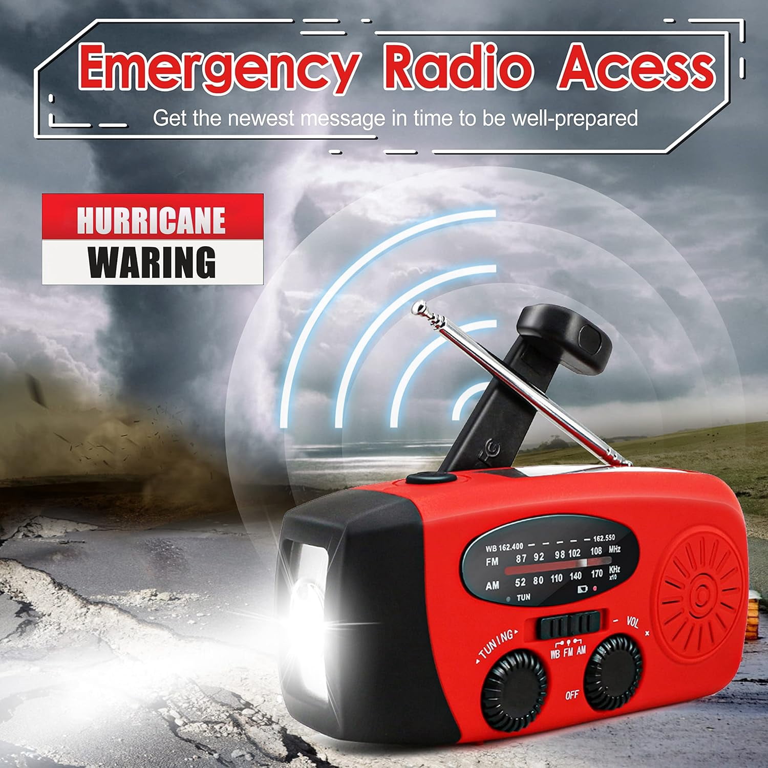 NOAA Emergency Hand Crank Radio - Solar/USB Powered with 2000mAh Power Bank & LED Flashlight, Portable Weather Radio for Camping & Disaster Preparedness