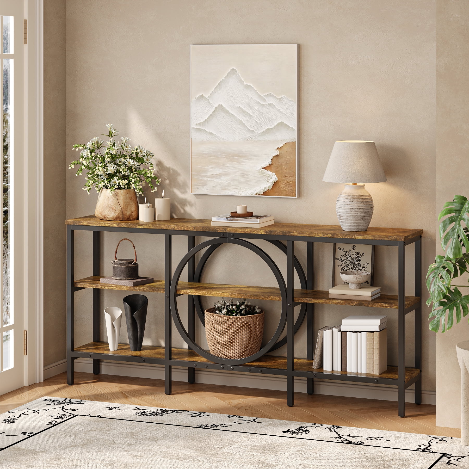 Tarnorci 66.9" Sofa Console Table, Extra Long Narrow Entryway Tables with 3 Tier Storage Shelves