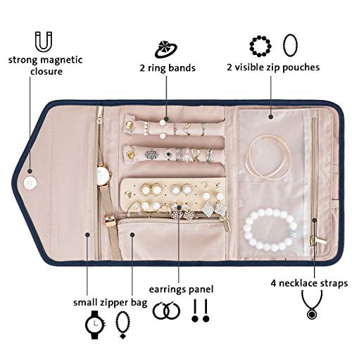 Bracelets Earrings BAGSMART Travel Hanging Jewelry Organizer Case Foldable Jewelry Roll with Hanger for Journey-Rings Necklaces Smokey Blue 