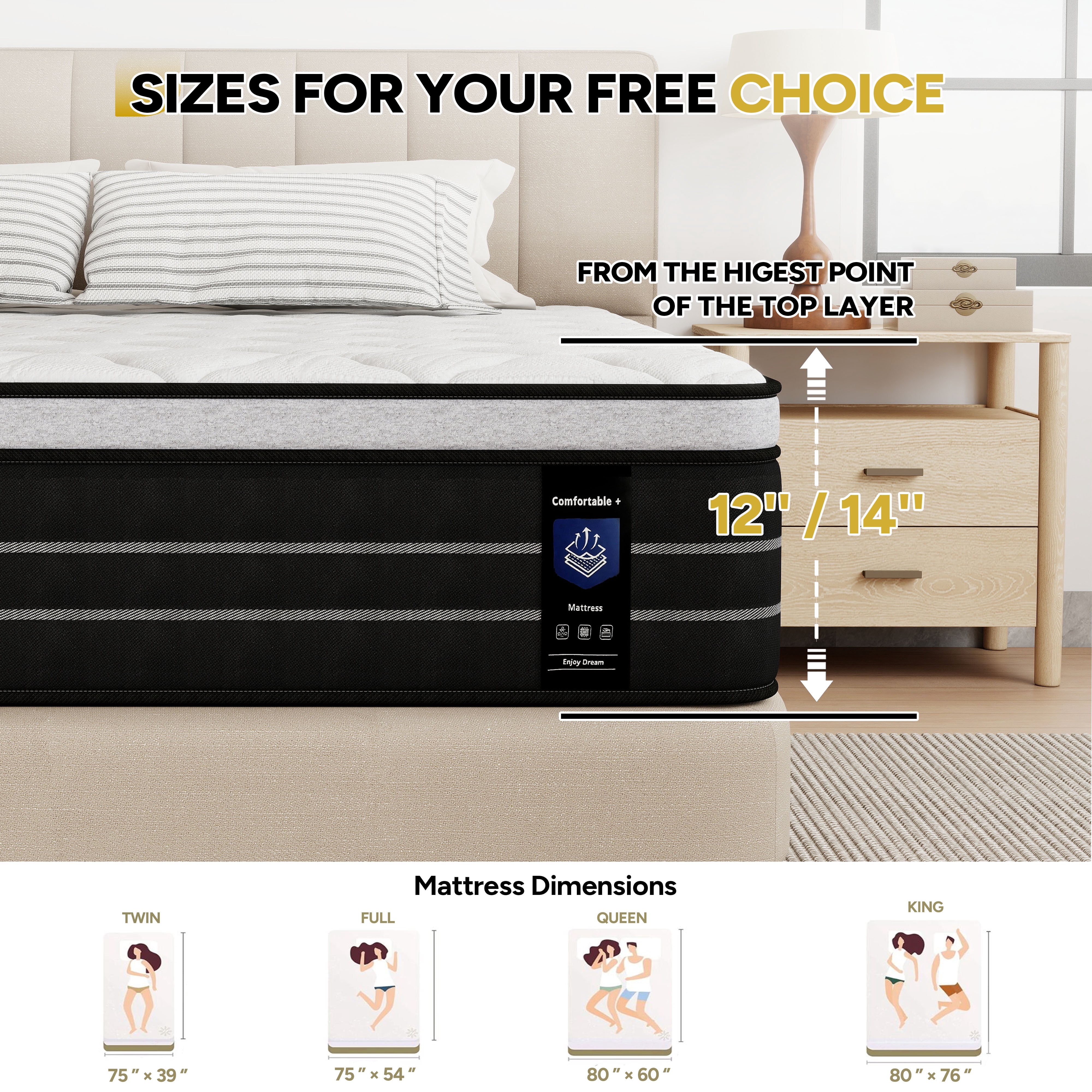 14 Inch Full Size Hybrid Mattress with Individually Wrapped Coils, Pain-Relief Support, Mattress in a Box, CertiPUR-US Certified