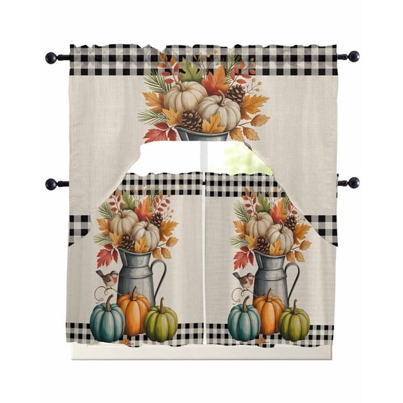 Fall Pumpkin Swag Kitchen Curtains Sets for Windows 24 Inch Length, Thanksgiving Maple Leaf Plant Fruit Plaid Short Window Curtain Panels Swags Valances and Tiers 3 Piece Set for Cafe/Dining Room
