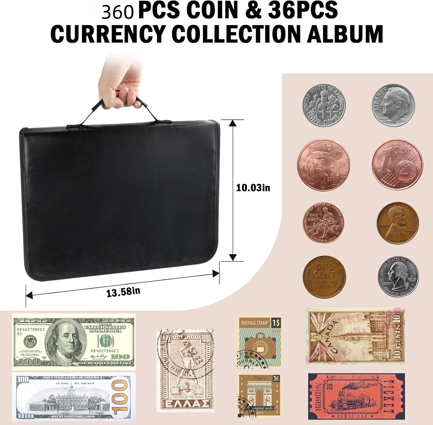 Coin Collection Book Holder Organizer -360 Pockets Coins Collection Supplies Album for Collector 36 Sleeves Money Storage Case Fireproof Coin Currency Collection Bill Pennies Cash Black