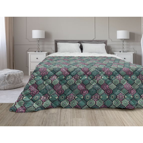 Flower Down Alternative Comforter, Lively Blossoms of Azujelos Ceramic Style Floral Patterns Ornamental Illustration, Microfiber Quilt for All Season, 5 Sizes, Multicolor, by Ambesonne