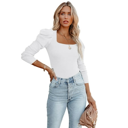 

REORIA Womens Puff Long Sleeve Bodysuit Ribbed Square Neck Slimming Thong Tops