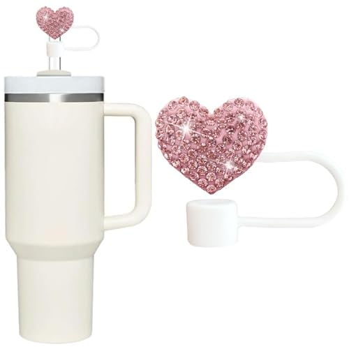 Bling Hearts Straw Covers Cap for Stanley Cup, Bling Diamond Rhinestone, 10mm Silicone Toppers, Straw Topper Compatible for Stanley 30&40 Oz Tumbler with Handle, Reusable Straws