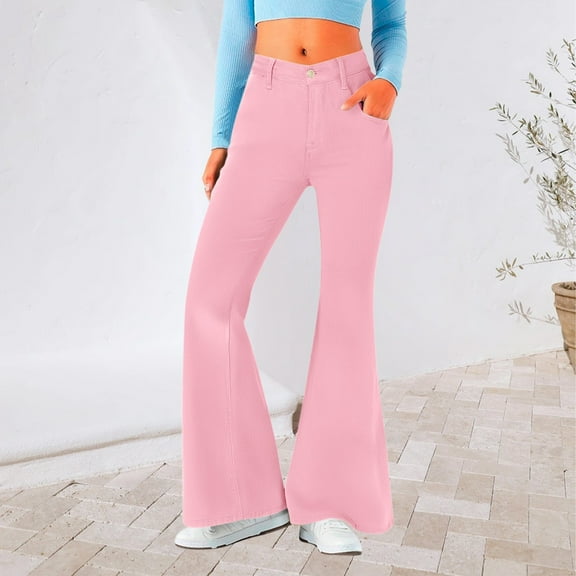 Women's Casual Pants Bell Bottom Jeans For Women High Waisted Classic Flared Denim Pants Stretchy Wide Leg Jeans Bell Bottoms Trousers,Pink Women's Casual Pants M