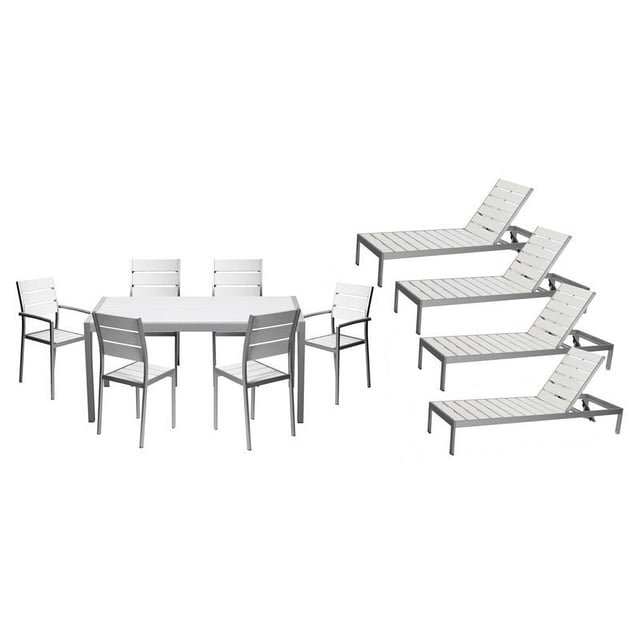 Pangea Home Roy Ensemble de Salle à Manger Patio en Aluminium Moderne de 11 Pièces en Blanc