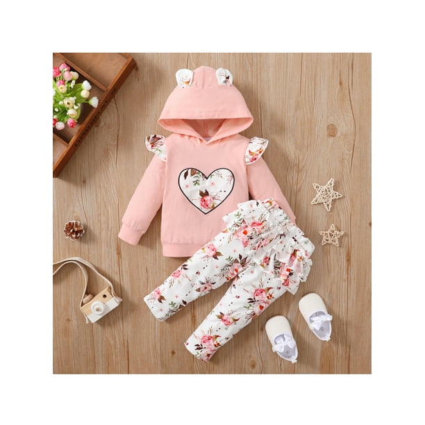 Conjuntos de ropa para ninas bebes Conjunto de pantalon de manga larga Conjunto de top con volantes y capucha con patron de corazon XBTCLXEBCO Rosa 18 24 meses Walmart en linea