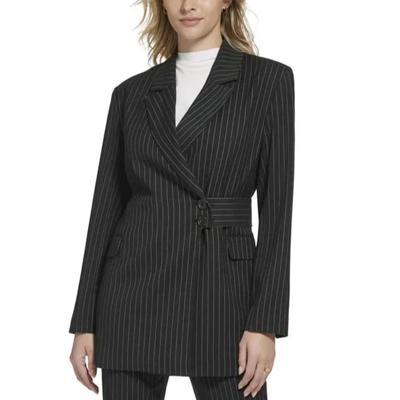 Women's Pinstripe Belted Jacket Black/White 4
