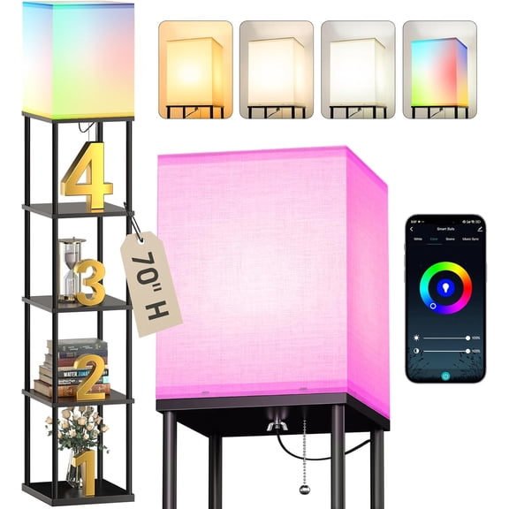 5-Tier Floor Lamp with Shelves, Modern Shelf Lamp with RGB Smart Bulb, APP Control Standing Lamp with White Lamp Shade, Floor lamp for Living Room, Bedroom