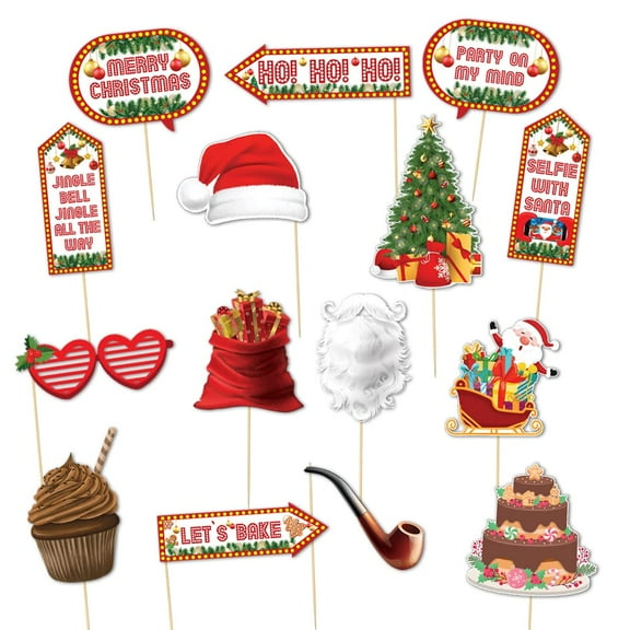 15 Pcs Merry Christmas Party Photo Booth Props Kit, Christmas Theme Party Selfie Props, Funny Xmas Selfie Props for Kids Adults, X-mas Photo Props